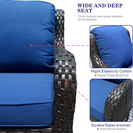 6-Piece Rattan Patio Sofa Conversation Set with Blue Cushions