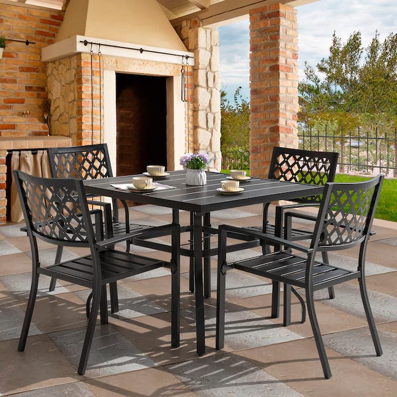 5 -Piece Black with Gold Speckles Patio Dining Set Iron Square Table with 4 Stackable Stationary Chairs
