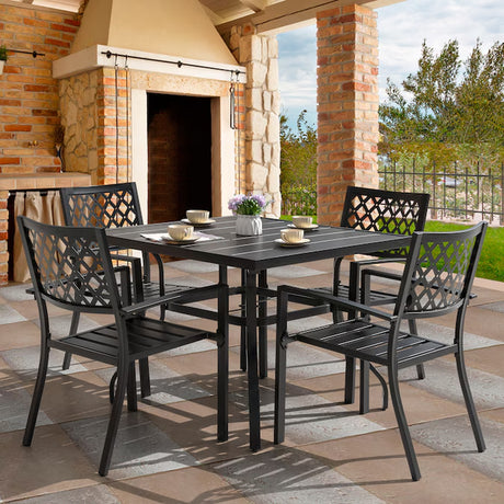 5 -Piece Black with Gold Speckles Patio Dining Set Iron Square Table with 4 Stackable Stationary Chairs