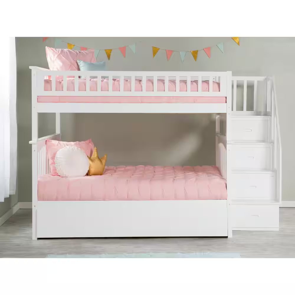 Columbia unk Bed with Twin Trundle Staircase Full-Over-Full B – Space-Saving & Functional Design (White)