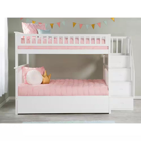 Columbia unk Bed with Twin Trundle Staircase Full-Over-Full B – Space-Saving & Functional Design (White)