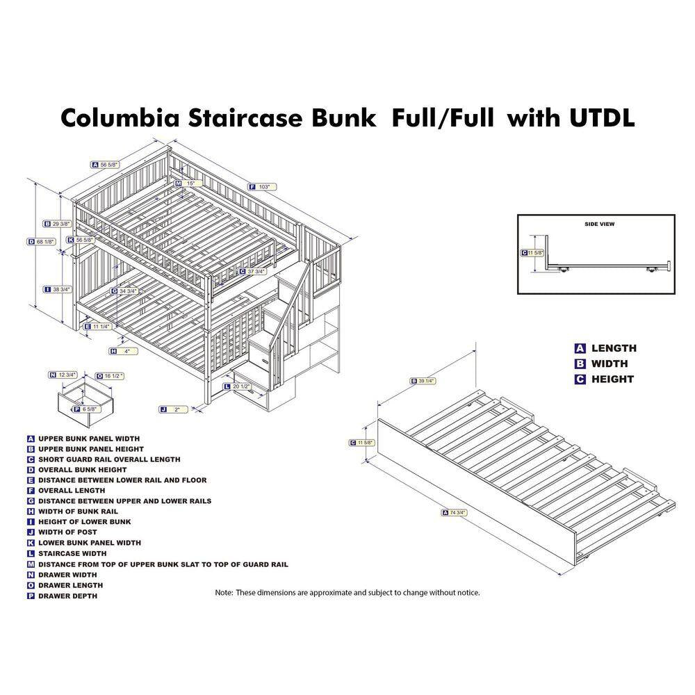 Columbia Staircase Walnut Full over Full Bunk Bed with Twin Urban Trundle Bed