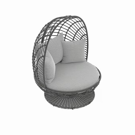 Venza Swivel Egg Chair – Wicker & Steel Frame with Light Gray Cushioned Seat