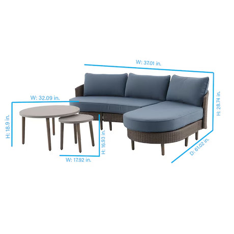 Dunes 3-Piece Wicker Patio Sofa Conversation Set with Blue Cushions