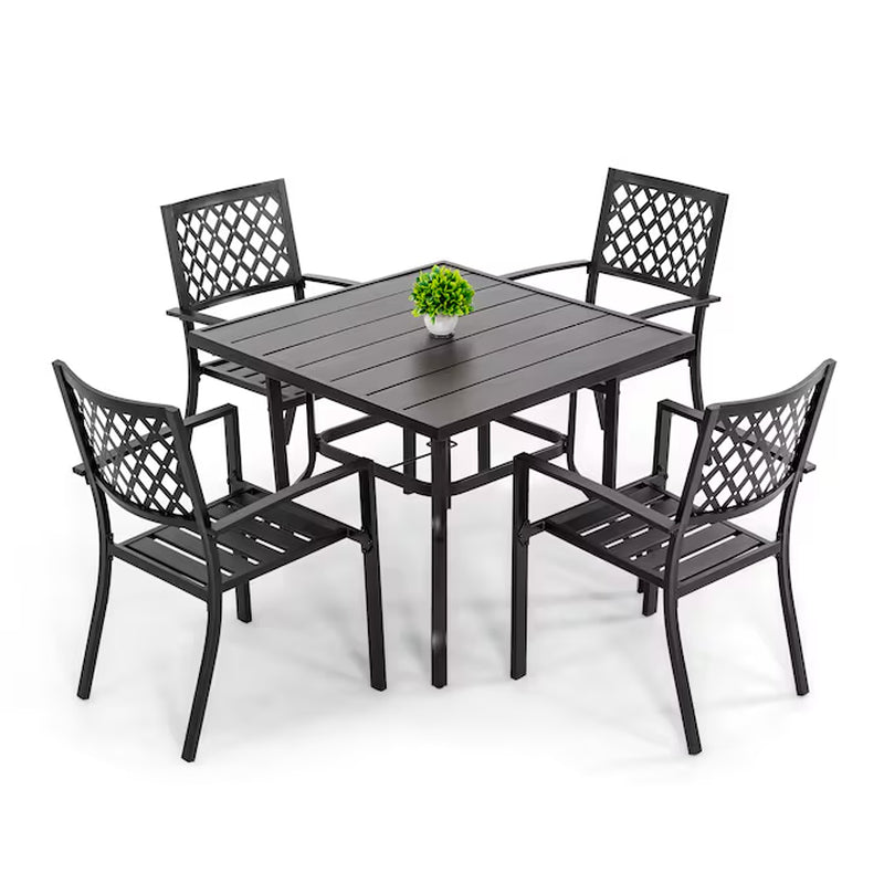 5 -Piece Black with Gold Speckles Patio Dining Set Iron Square Table with 4 Stackable Stationary Chairs