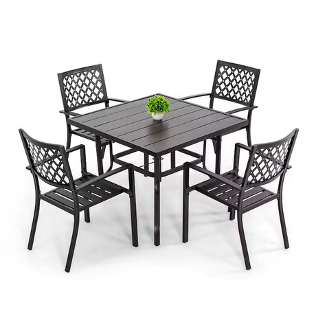 5 -Piece Black with Gold Speckles Patio Dining Set Iron Square Table with 4 Stackable Stationary Chairs