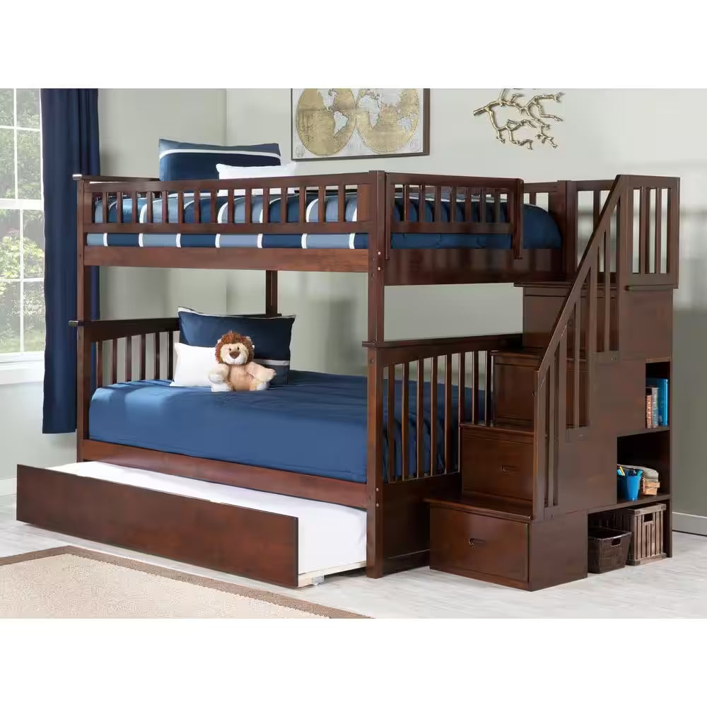 Columbia Staircase Walnut Full over Full Bunk Bed with Twin Urban Trundle Bed