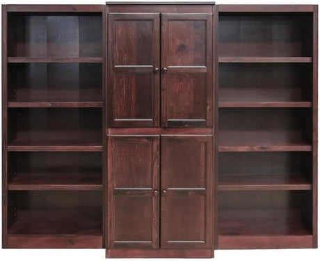 Traditional 72" 15-Shelf Wood Bookcase Wall with Doors in Cherry
