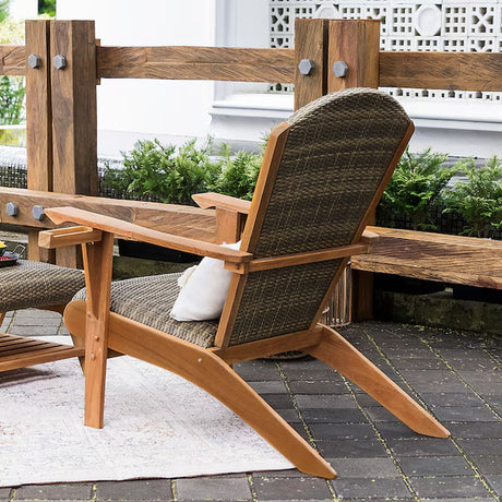 Dunham Wicker Natural Teak Wood Frame Stationary Adirondack Chair with Cushioned Seat