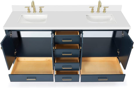 73" Midnight Blue Double Vanity – Pure White Quartz Countertop & Satin Brass Accents