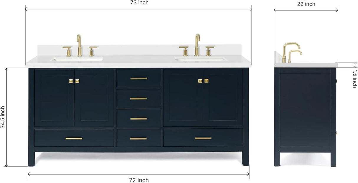 73" Midnight Blue Double Vanity – Pure White Quartz Countertop & Satin Brass Accents