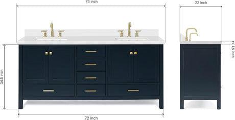 73" Midnight Blue Double Vanity – Pure White Quartz Countertop & Satin Brass Accents
