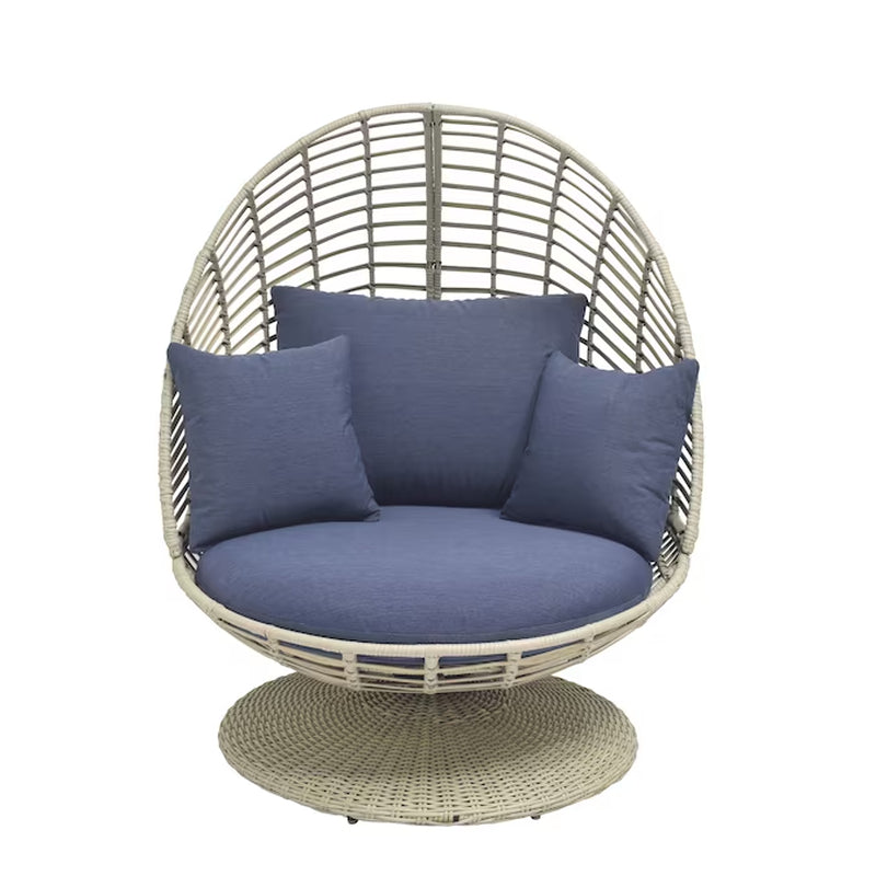 Venza Swivel Egg Chair – Wicker & Steel Frame with Light Gray Cushioned Seat