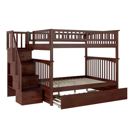 Columbia Staircase Walnut Full over Full Bunk Bed with Twin Urban Trundle Bed