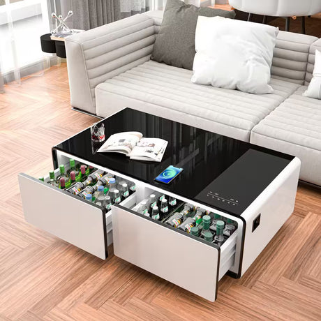 Coffee Table Fridge 27 In. 25 Cu. Ft. Retro Mini Refrigerator in White+Black, Bluetooth Speaker, Wireless Charging