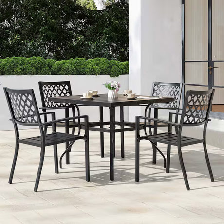 5 -Piece Black with Gold Speckles Patio Dining Set Iron Square Table with 4 Stackable Stationary Chairs