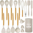 21-Piece Silicone Cooking Utensil Set with Wooden Handles - BPA-Free Non-Toxic Kitchen Gadgets for Nonstick Cookware, Includes Holder (Khaki)
