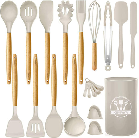 21-Piece Silicone Cooking Utensil Set with Wooden Handles - BPA-Free Non-Toxic Kitchen Gadgets for Nonstick Cookware, Includes Holder (Khaki)
