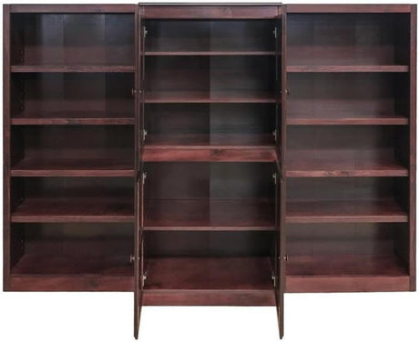 Traditional 72" 15-Shelf Wood Bookcase Wall with Doors in Cherry