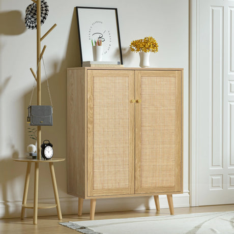 Rattan Accent Cabinet - Farmhouse Style Storage Sideboard with Double Doors for Living Room and Entryway, Oak Finish H0030