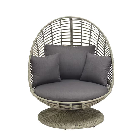Venza Swivel Egg Chair – Wicker & Steel Frame with Light Gray Cushioned Seat