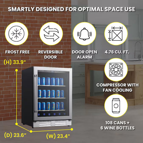 24-Inches W 108 -Can Capacity Stainless Steel Built-In/Freestanding Indoor Beverage Refrigerator with Glass Door