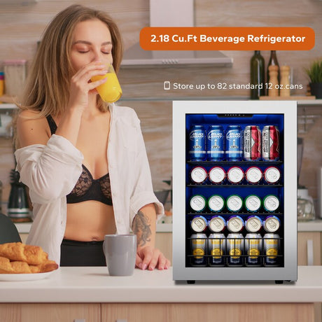 16.9-Inches W 82 -Can Capacity Stainless Steel Freestanding Indoor Beverage Refrigerator with Glass Door