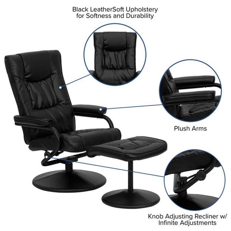 Black Faux Leather Upholstered Swivel Recliner with Ottoman Set