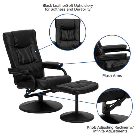 Black Faux Leather Upholstered Swivel Recliner with Ottoman Set