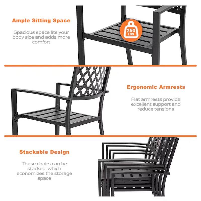 5 -Piece Black with Gold Speckles Patio Dining Set Iron Square Table with 4 Stackable Stationary Chairs