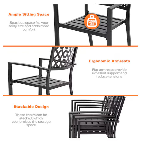 5 -Piece Black with Gold Speckles Patio Dining Set Iron Square Table with 4 Stackable Stationary Chairs