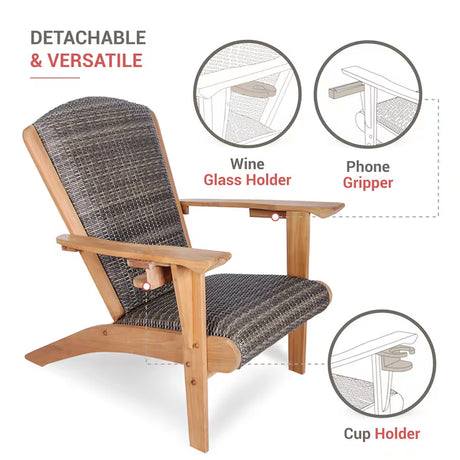 Dunham Wicker Natural Teak Wood Frame Stationary Adirondack Chair with Cushioned Seat