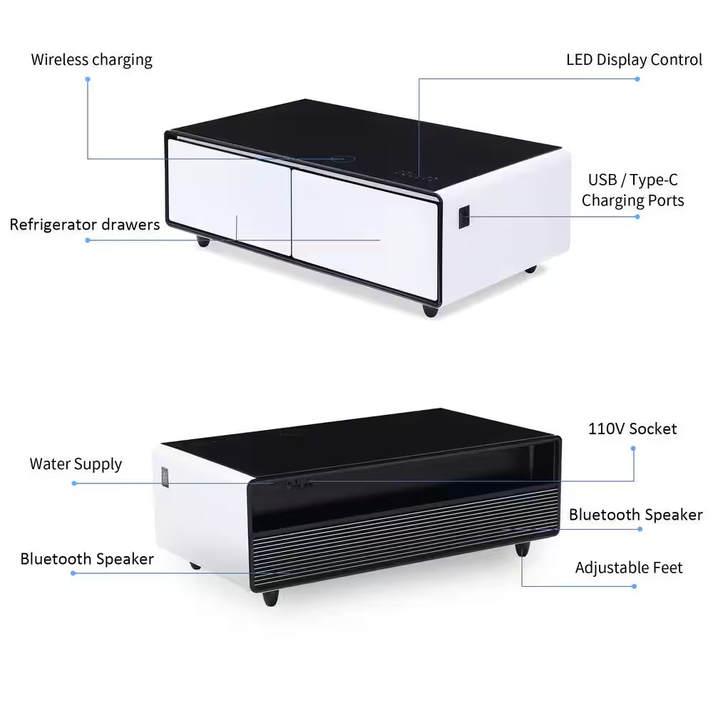Coffee Table Fridge 27 In. 25 Cu. Ft. Retro Mini Refrigerator in White+Black, Bluetooth Speaker, Wireless Charging