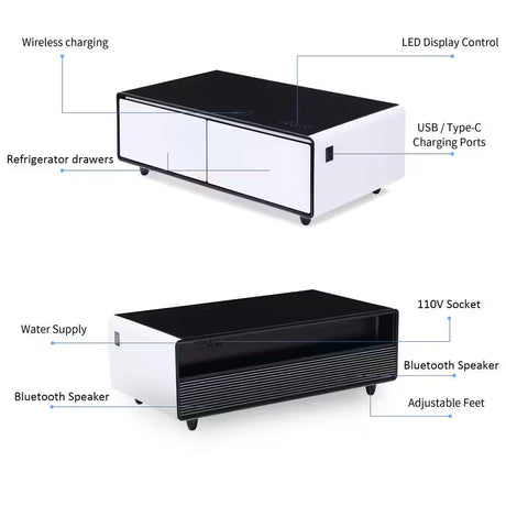 Coffee Table Fridge 27 In. 25 Cu. Ft. Retro Mini Refrigerator in White+Black, Bluetooth Speaker, Wireless Charging