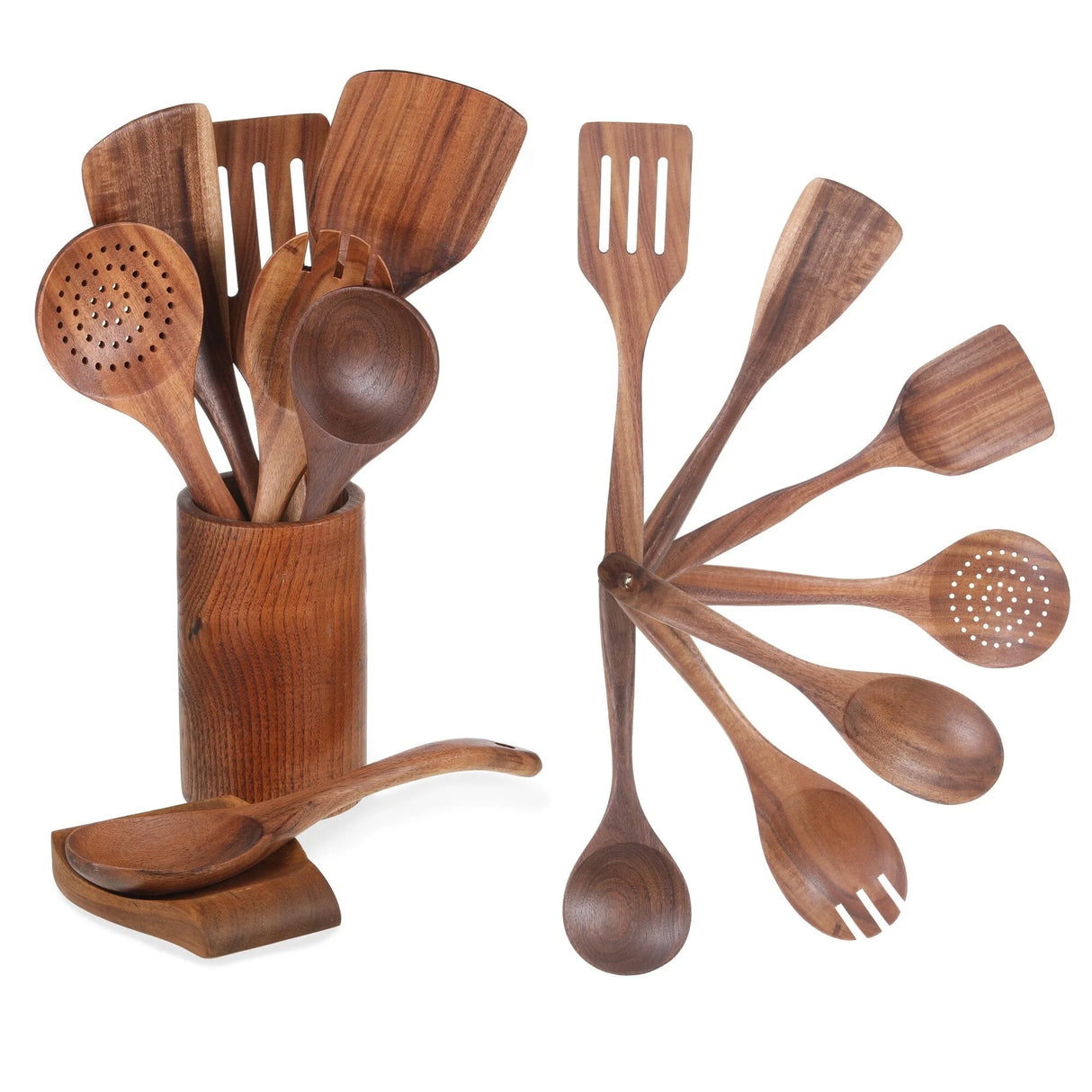 9-Piece Wooden Cooking Utensil Set with Spatula in Natural Wood Finish
