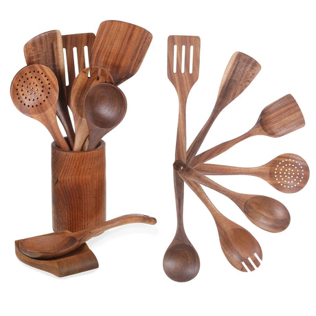 9-Piece Wooden Cooking Utensil Set with Spatula in Natural Wood Finish