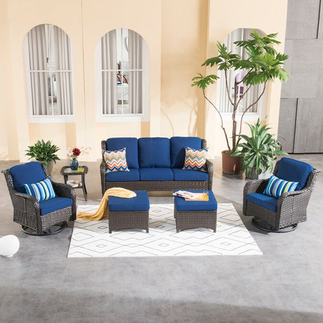 6-Piece Rattan Patio Sofa Conversation Set with Blue Cushions