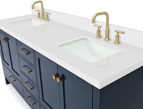 73" Midnight Blue Double Vanity – Pure White Quartz Countertop & Satin Brass Accents