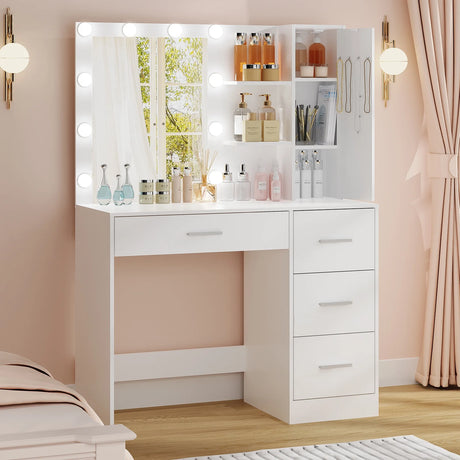 Bedroom Makeup LED Lights Desk Table Set, White