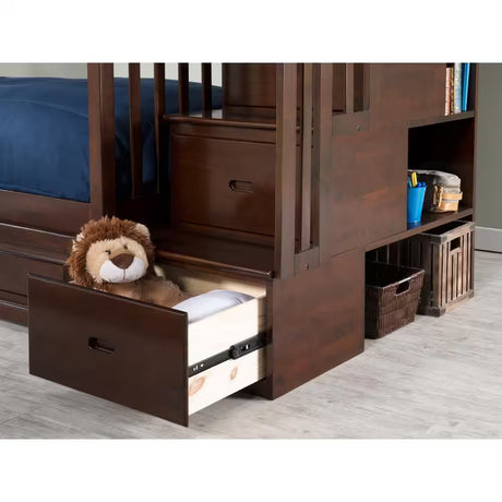 Columbia Staircase Walnut Full over Full Bunk Bed with Twin Urban Trundle Bed
