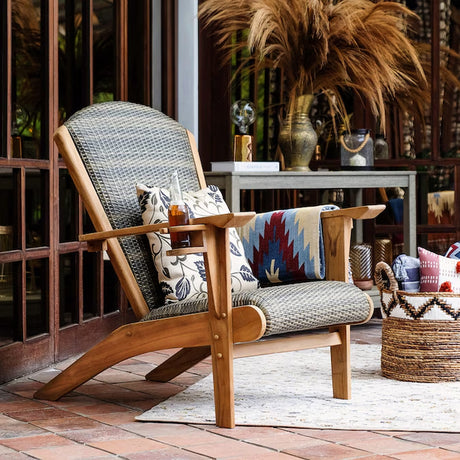 Dunham Wicker Natural Teak Wood Frame Stationary Adirondack Chair with Cushioned Seat